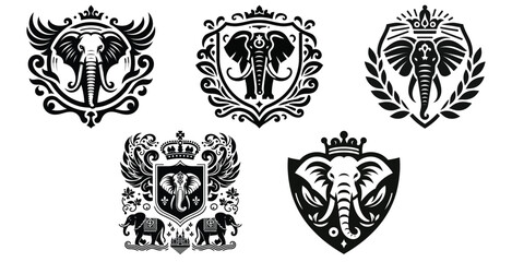 Ornate stylized elephant crests vector illustration black and white heraldic emblems, logo design