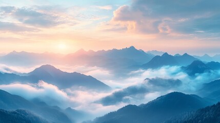 Fototapeta premium Mountain Range Bathed in Morning Mist and Sunlight