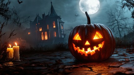 Halloween pumpkin with candlelight in front of a haunted house background,