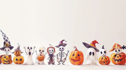 Aesthetic halloween watercolor mockup with pumpkins, ghosts, skeletons, pastel light colors and backdrop. Generative AI