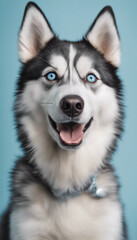 Fototapeta premium Cute blue eyed husky dog was washed with shampoo and foam on its head having a happy expression and