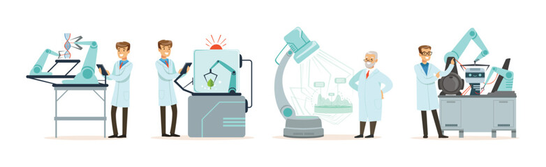Artificial Intelligence with Man Scientists in Laboratory Working on Innovations Vector Set