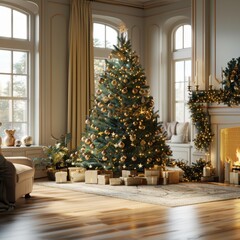 Cozy living room with a beautifully decorated Christmas tree, presents, and a warm fireplace creating a festive holiday atmosphere.