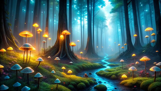 "Moonlit forest floor aglow with ethereal foxfire bioluminescent fungi, tendrils stretching towards ancient trees, mist swirling around luminescent caps"