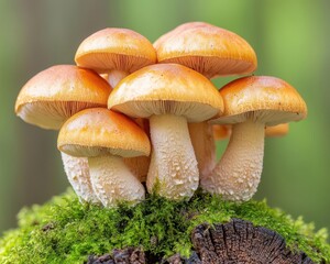 Close-up of a diverse collection of mushrooms growing on moss-covered logs, showcasing delicate gills and rich textures, natural forest scene