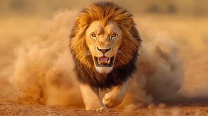 Obraz premium Hyperrealistic image of a lion roaring in the savannah, dust rising around its powerful frame, strong contrast between golden fur and the earthy background