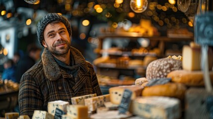 A man in a beanie and coat stands in a cozy market stall surrounded by artisanal cheeses under warm, festive lights.