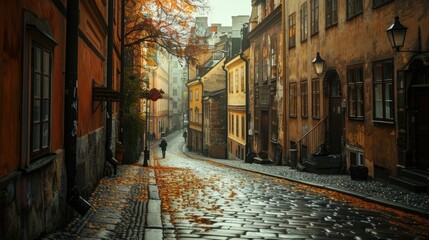 Obraz premium A picturesque cobblestone street in a quaint European city with autumn foliage and historic buildings.