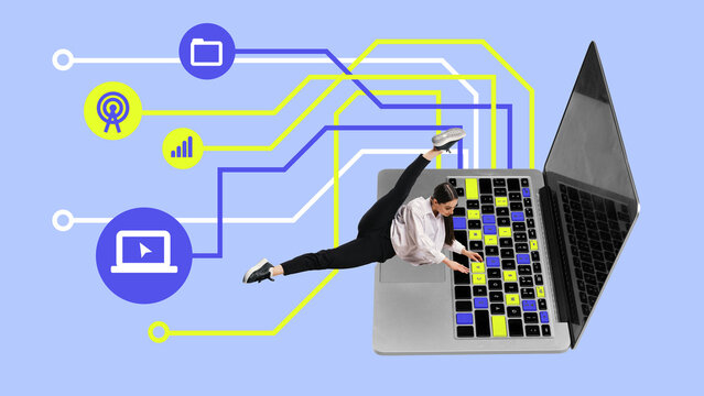 Contemporary art collage. Woman stretches over laptop, blending movement and data, symbolizing fluid connection between human performance and devices Concept of business and technology, connect. Ad