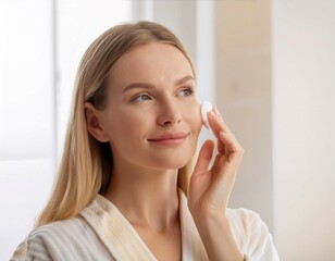 Morning Skincare Routine of a Woman in Neutral Pajamas at Home
