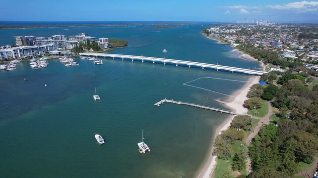 Bridge From Paradise Point, Ephraim Island In Gold Coast, Australia - Aerial Pullback