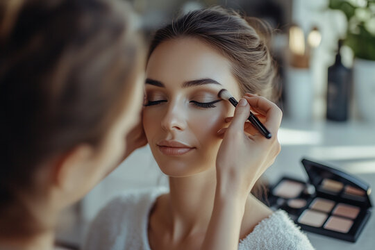 Professional makeup artist applying eyeshadow with a brush on a relaxed client, creating a glamorous and flawless beauty look
