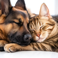cute cat and dog sleeping together; german shepherd & grey cat friends