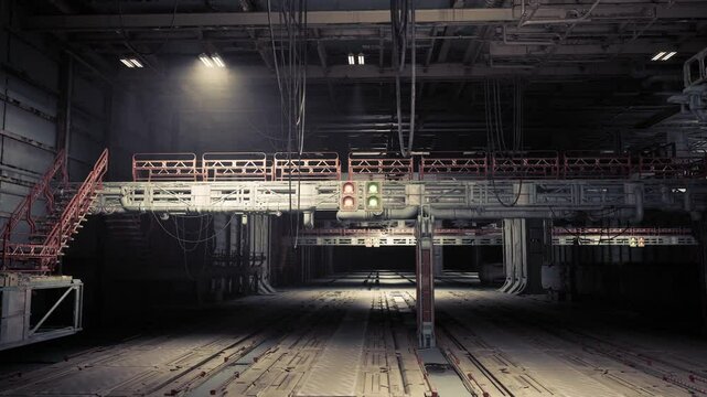 A cargo terminal inside a vast space station is illuminated by overhead lights. The area features advanced machinery, ladders, and control systems essential for interstellar freight operations.