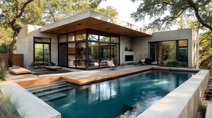 A cube home with a concrete facade and wooden overhangs for shaded outdoor areas