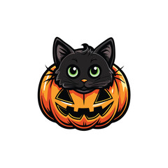 A black cat with big green eyes peeks out from behind a carved pumpkin.