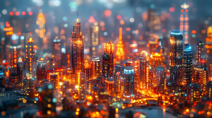 Fototapeta premium Night Cityscape with Illuminated Buildings - 3D Illustration