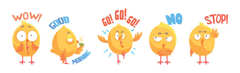 Baby Chick Say Word with Emotion and Inscription Vector Set
