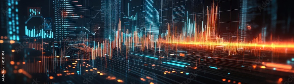 Poster Abstract visualization of digital sound waves and data streams, showcasing technology and modern communication.