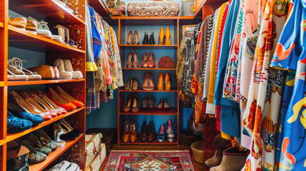 Colorful and Organized Walk-In Closet with Shoes and Clothes on Display in a Modern Home