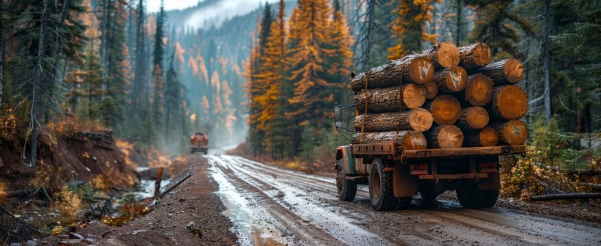 A timber-loaded truck in the forest illustrates the robust logging activity and impending timber export in the locality.