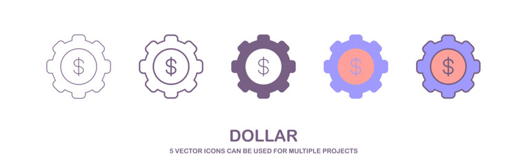 A set of 5 gear-shaped icons representing financial and time management concepts., a set of icons with 5 different styles