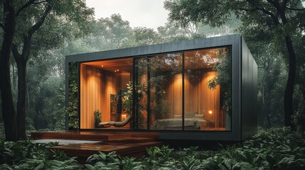 A cube house featuring alternating wood and metal panels, surrounded by greenery, modern style, soft warm light, minimalist aesthetic, hyper-realistic rendering