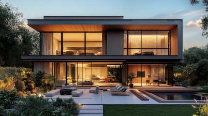 Fototapeta premium A cube house featuring alternating wood and metal panels, surrounded by greenery, modern style, soft warm light, minimalist aesthetic, hyper-realistic rendering