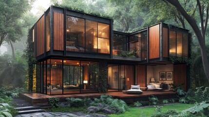 A cube house featuring alternating wood and metal panels, surrounded by greenery, modern style, soft warm light, minimalist aesthetic, hyper-realistic rendering