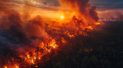 Fototapeta premium The engulfing horror of a forest fire relentlessly transforms once vibrant vegetation into a desolate wasteland, its smoky aftermath echoing with haunting desolation.