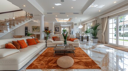 Echoing with elegance, the plush, soft furniture of this living room takes center stage in a remarkably chic interior setting.