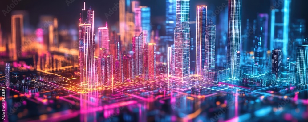 Poster vibrant city skyline illuminated with neon lights, showcasing modern architecture and dynamic urban 