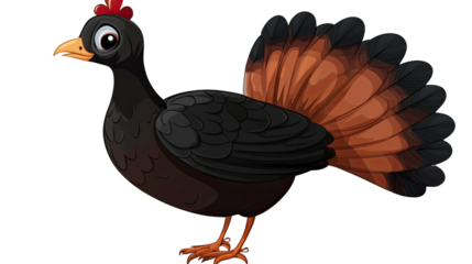 A cheerful cartoon farm scene featuring a turkey and a rooster, with a country landscape, bags, and baskets, perfect for a fun Thanksgiving illustration