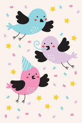 Handdrawn Cute Birthday Party Birds Card