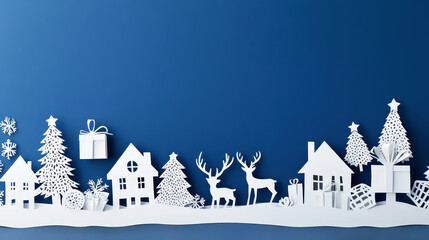 Naklejka premium Aesthetic Christmas paper cut card, deep blue background, copy space in the centre. Generative AI