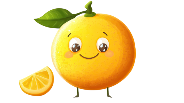 Cute orange fruit character with a happy face, surrounded by green leaves, representing freshness and health in a vibrant cartoon style