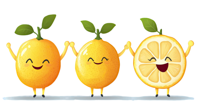 Cute orange fruit character with a happy face, surrounded by green leaves, representing freshness and health in a vibrant cartoon style