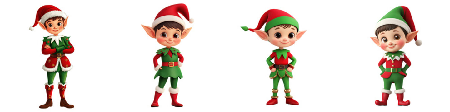 Adorable and cheerful Christmas elf characters dressed in colorful festive outfits and costumes in a variety of poses  These whimsical fantasy inspired are perfect for holiday themed designs dcor and