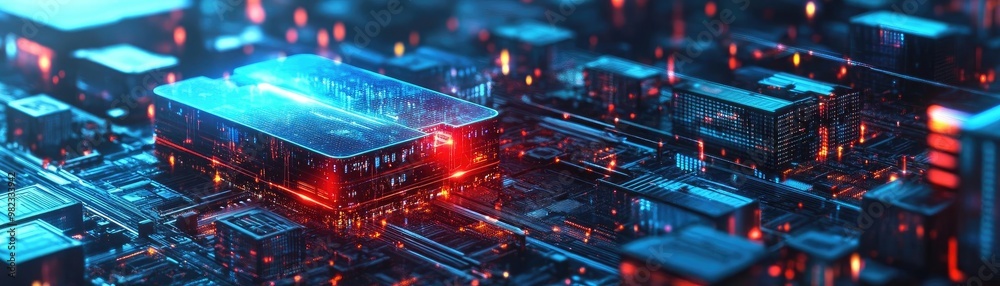 Poster close-up view of a glowing circuit board showcasing advanced technology and vibrant colors in a mode