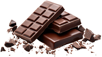 Broken chocolate pieces on a white background, showcasing a mix of dark and milk chocolate, perfect...