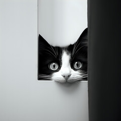 black and white photography of a cat peeking out from behind a door in the style of minimalism, black peeking, black cute peeking