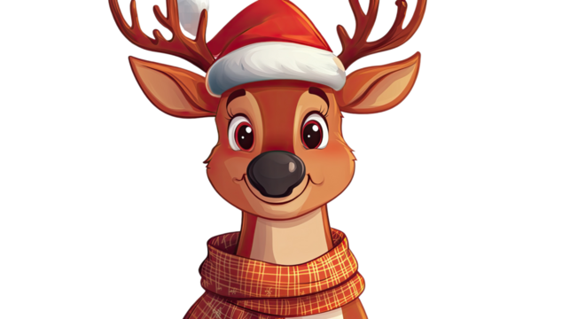 Cute cartoon reindeer with a red nose and ribbon, perfect for a fun Christmas holiday illustration