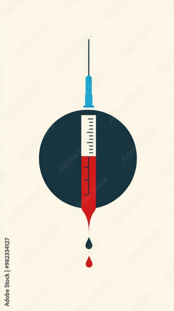 Wall mural A syringe with blood and a drop at the end, surrounded by a blue circle. Visual focus on health, blood and diabetes. The concept of awareness about diabetes and treatment. AI.Logo