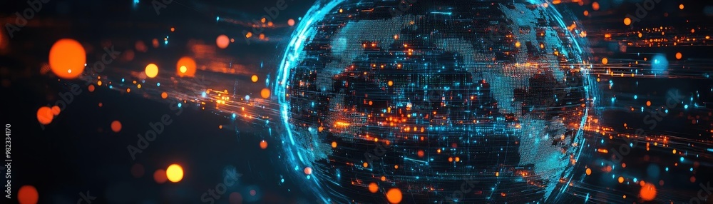Poster A vibrant digital globe with glowing particles, representing technology and global connectivity in a futuristic design.