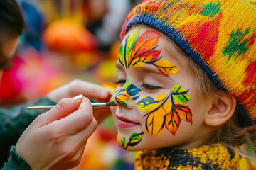 Child getting colorful autumn-themed face paint, with vibrant leaves design, celebrating the fall season in a joyful outdoor event