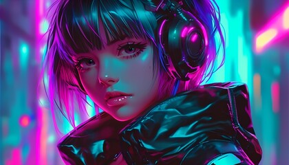 Fototapeta premium anime girl, cyberpunk color tone, manga character, high tech implants, high tech, neonpunk style,