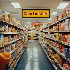 Fototapeta premium Supermarket aisle with Doorbusters sign and shelves stocked with