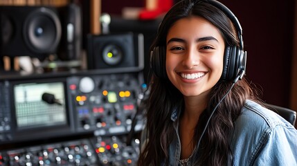 A young woman with headphones on smiles brightly in a recording studio. The background is blurred, showing audio equipment and mixing boards.