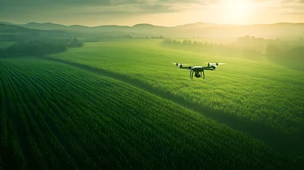 A drone hovers over a lush green field at sunrise, capturing the beauty of agriculture in a serene landscape.