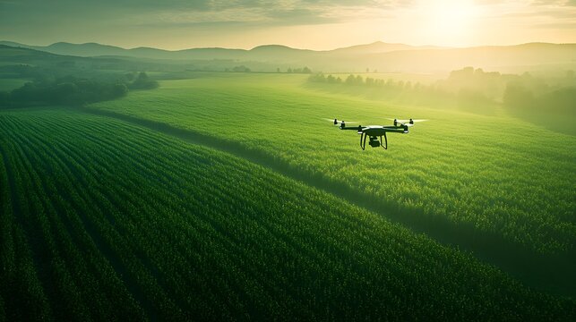 A drone hovers over a lush green field at sunrise, capturing the beauty of agriculture in a serene landscape.